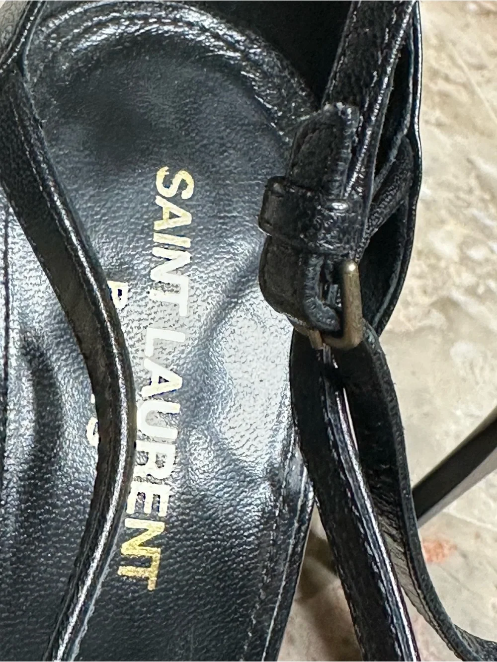 Saint Laurent Black Leather Heeled Sandals with Gold YSL Monogram - Picture 9 of 16